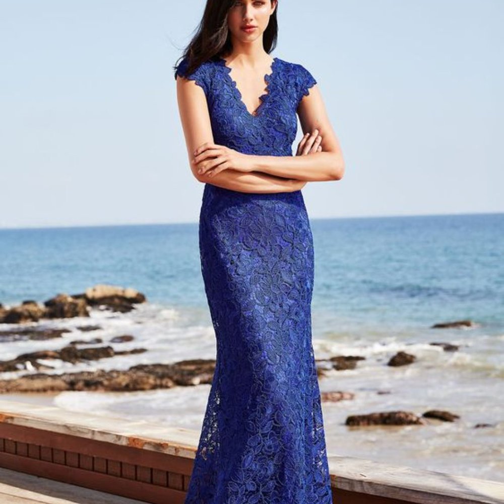 TADASHI SHOJI LEVANT FLORAL LACE V-NECK CAP SLEEVE LONG DRESS, SIZE 14, NWT,